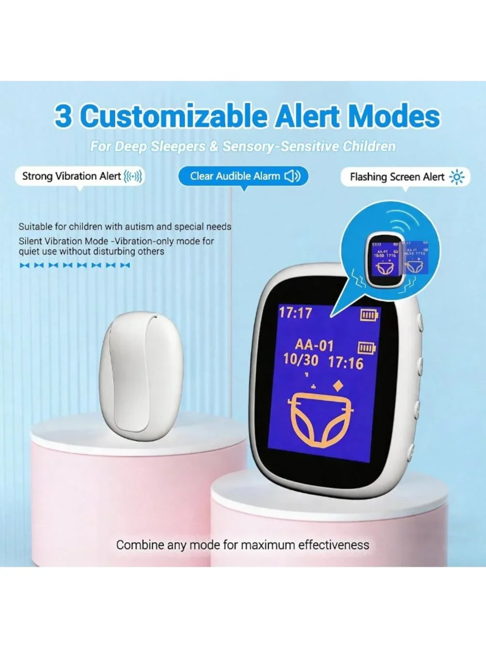 Rechargeable Wireless Bedwetting Alarm for Kids - High Sensitivity, Triple Alert